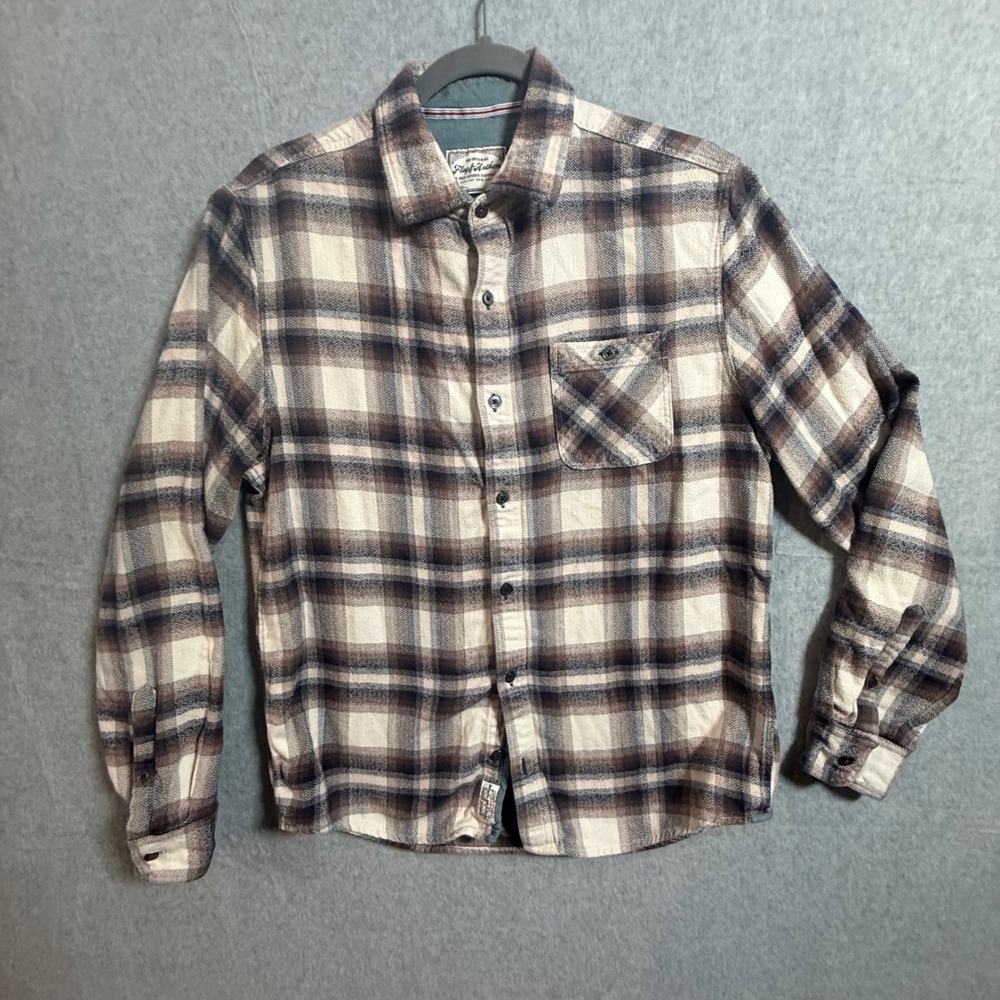 Flag & Anthem Mens Brown Cream Plaid Cotton Flannel Button Down Shirt Medium